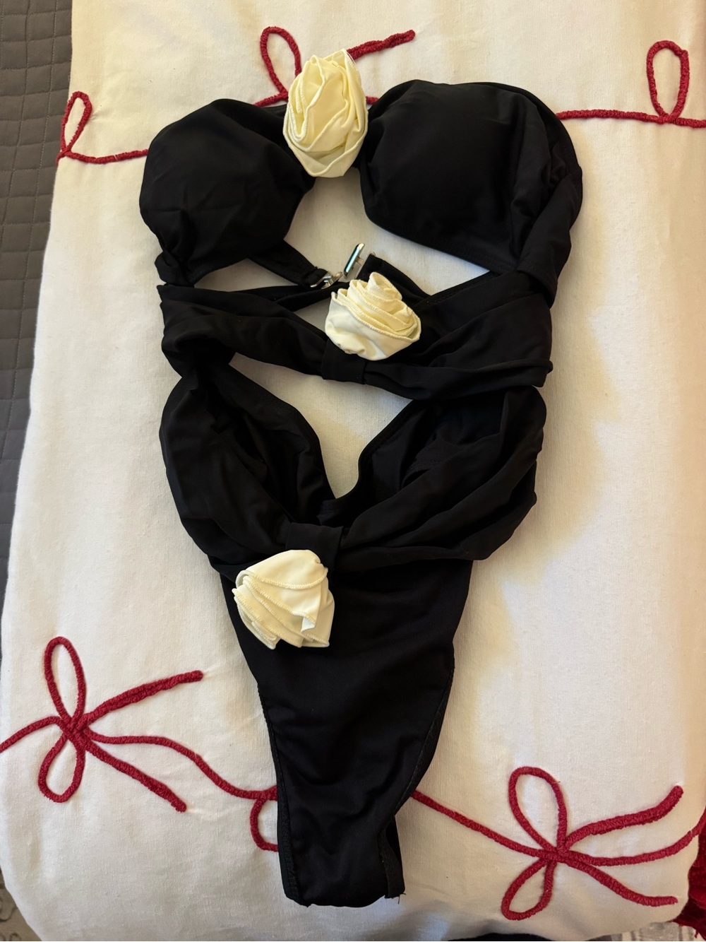 SHEIN Black One-Piece Swimsuit with Cream Rose Accents